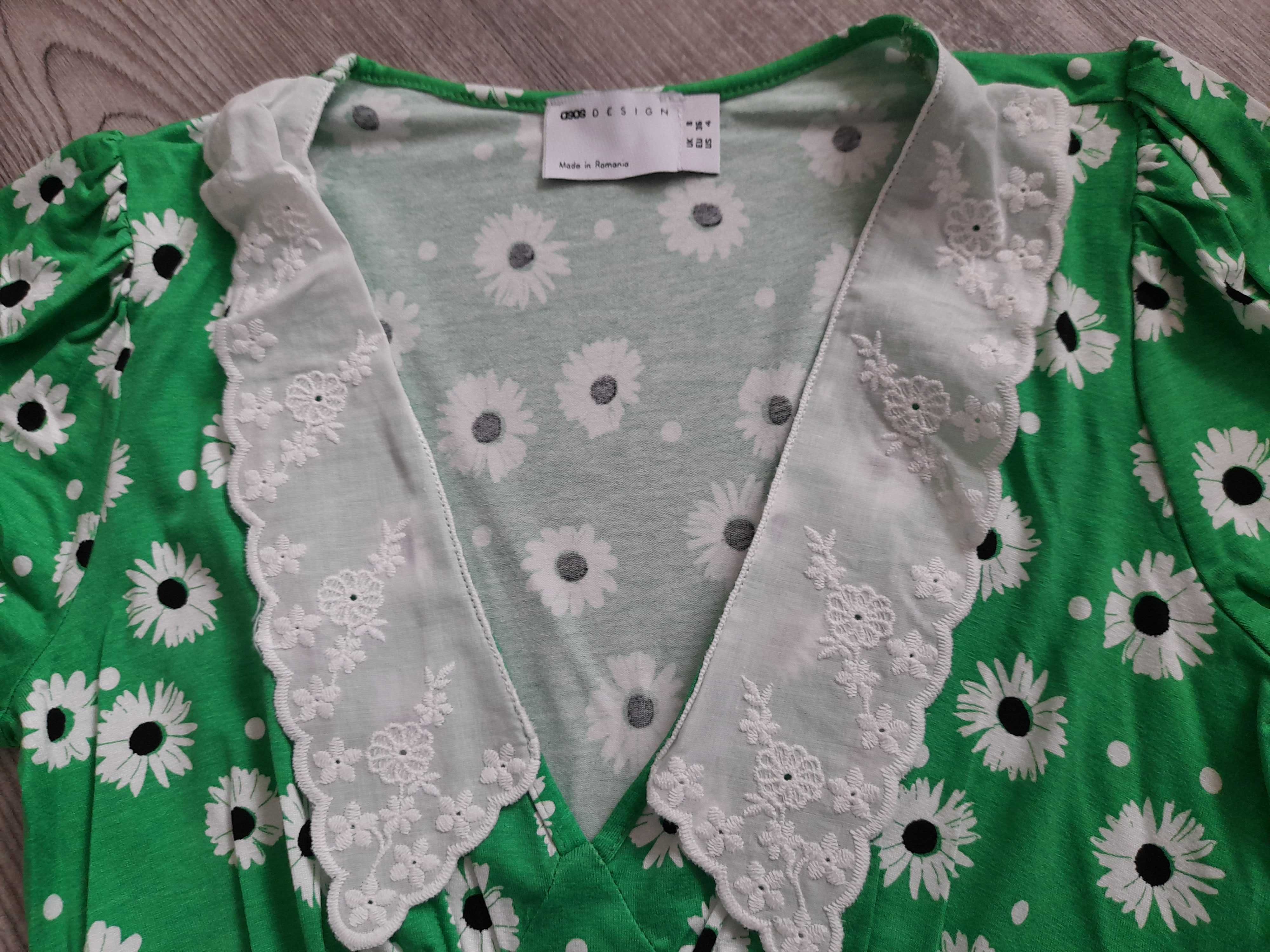 Zielona,krótka sukienka w kwiaty, haftowany kołnierzyk,styl retro,Asos