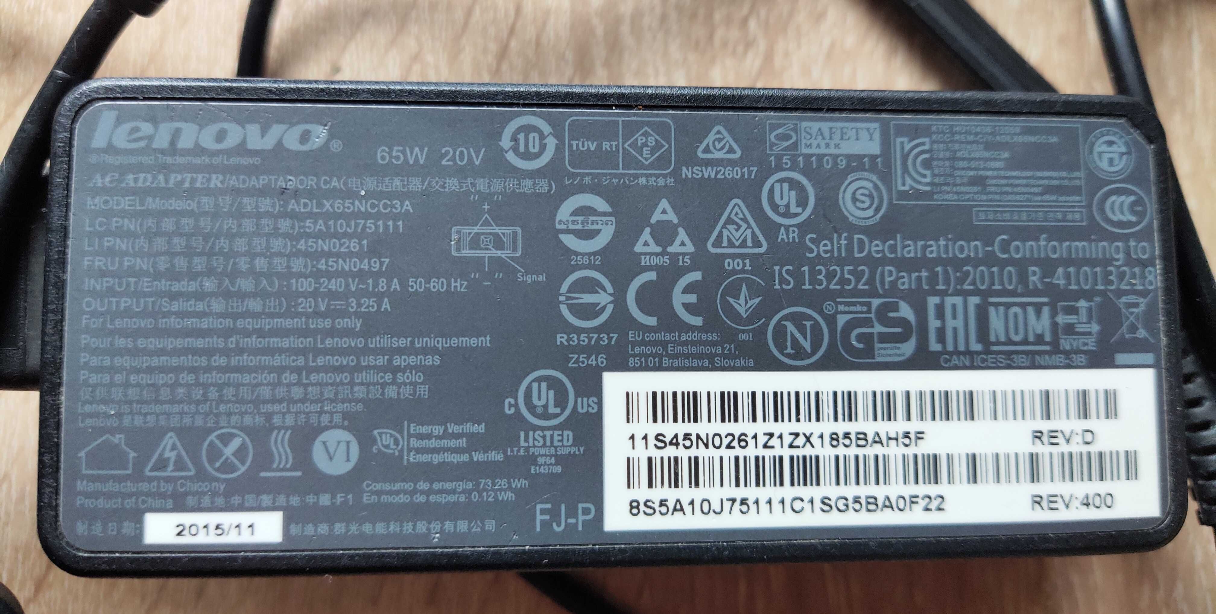 Зарядка до ноутбука Lenovo 20V 3.25А 65W USB оригінал