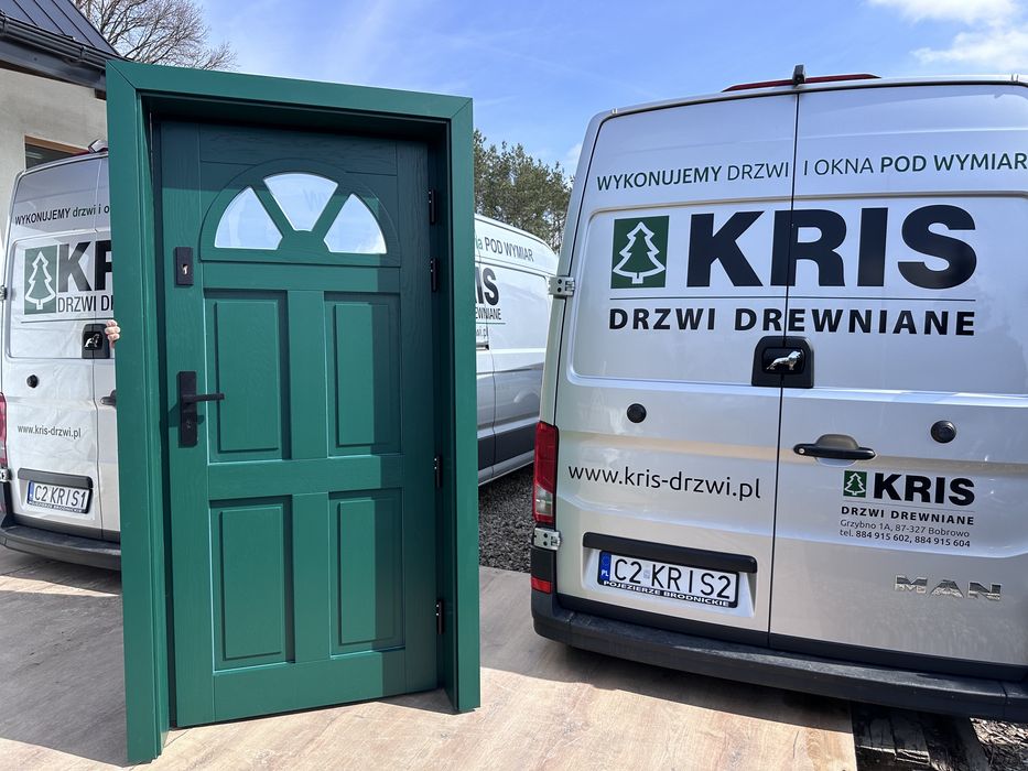 Drzwi wejściowe zewnętrzne drewniane zielone Na Wymiar Montaż Polska