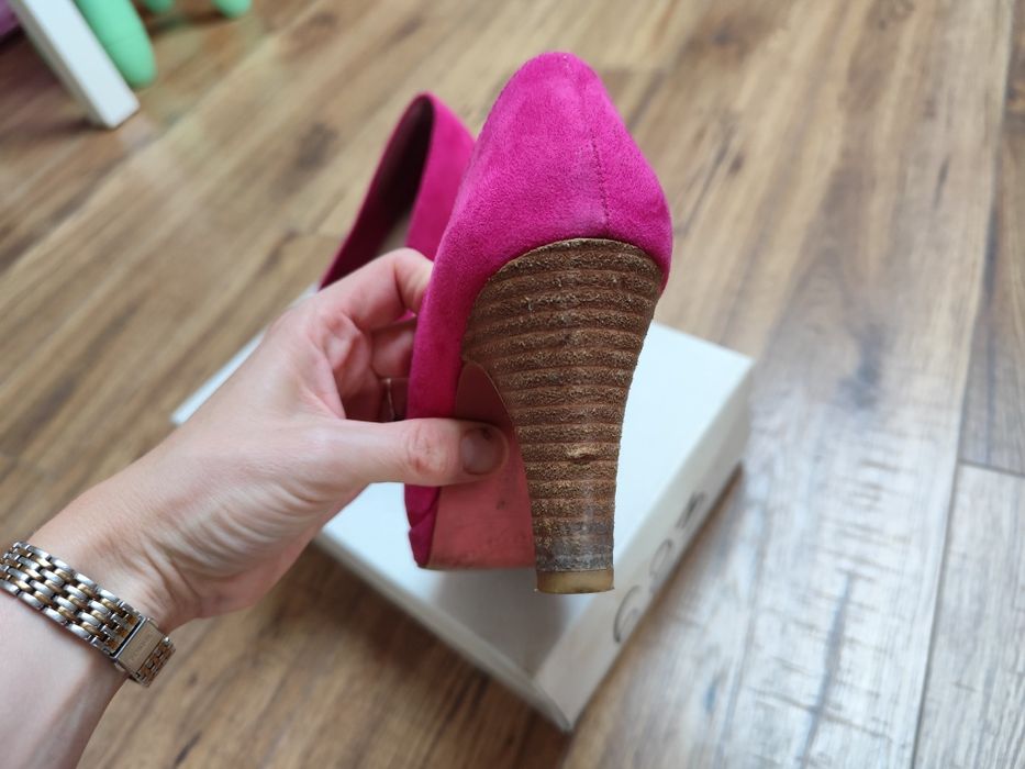 Fuksja różowe buty na obcasie 37 zamsz magenta skóra naturalna