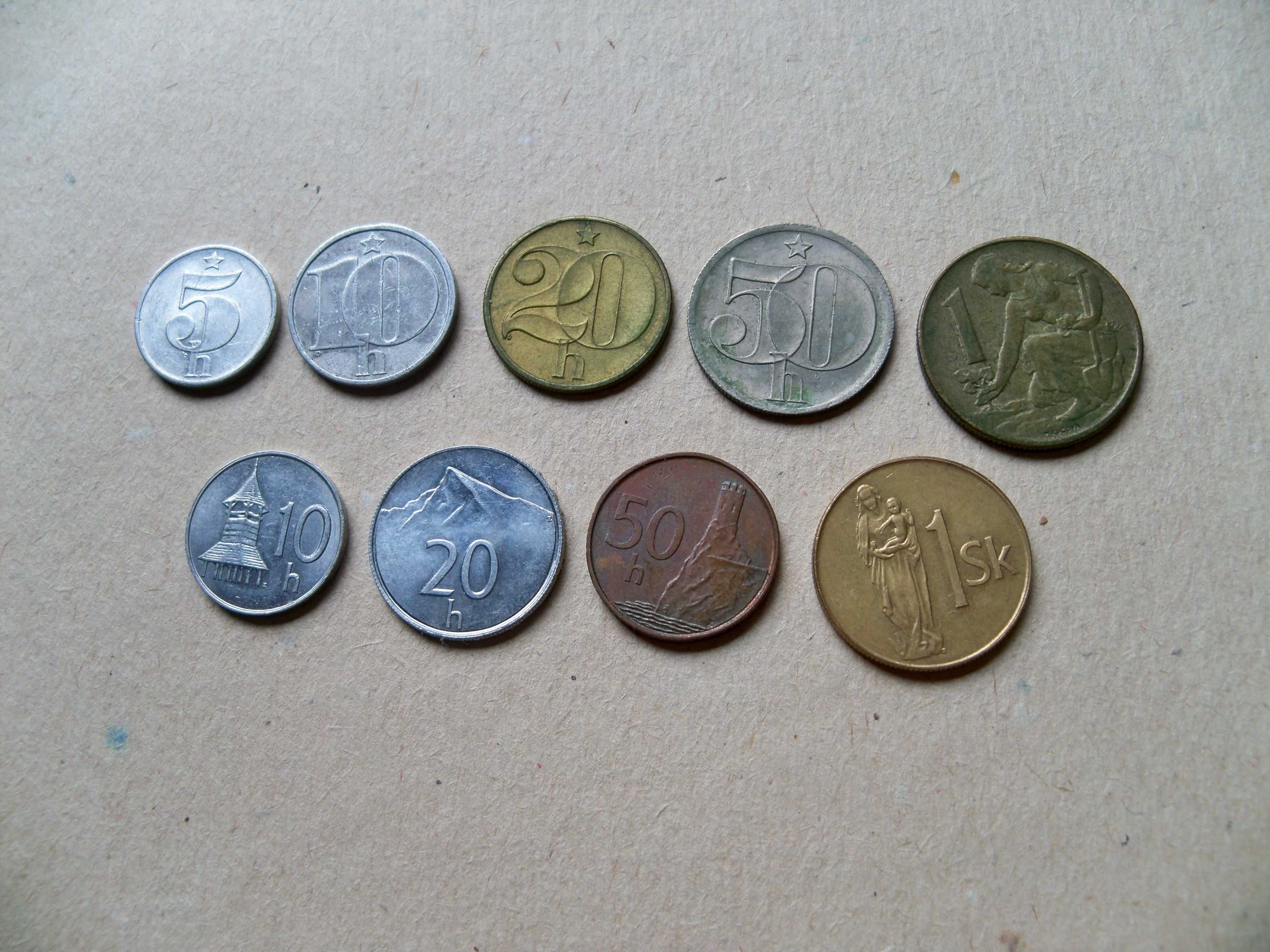 Монеты Чехословакии 5,10,20,50галер 1крона и Словакии 10 20 50 1крона