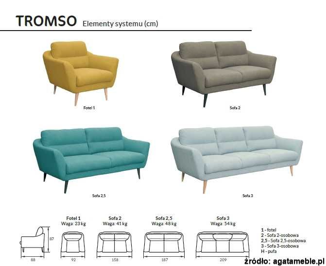 Zestaw mebli Tromso Agata Meble - sofa 3 osobowa + 2 fotele