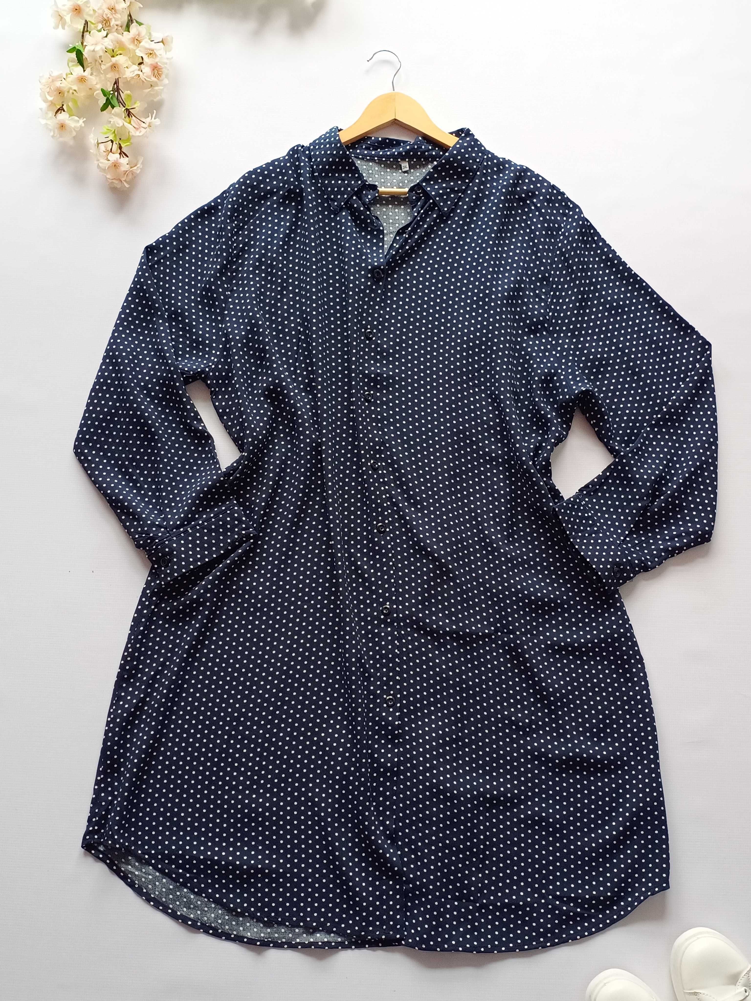 Nowa granatowa sukienka midi szmizjerka w groszki wiskoza 46 oversize