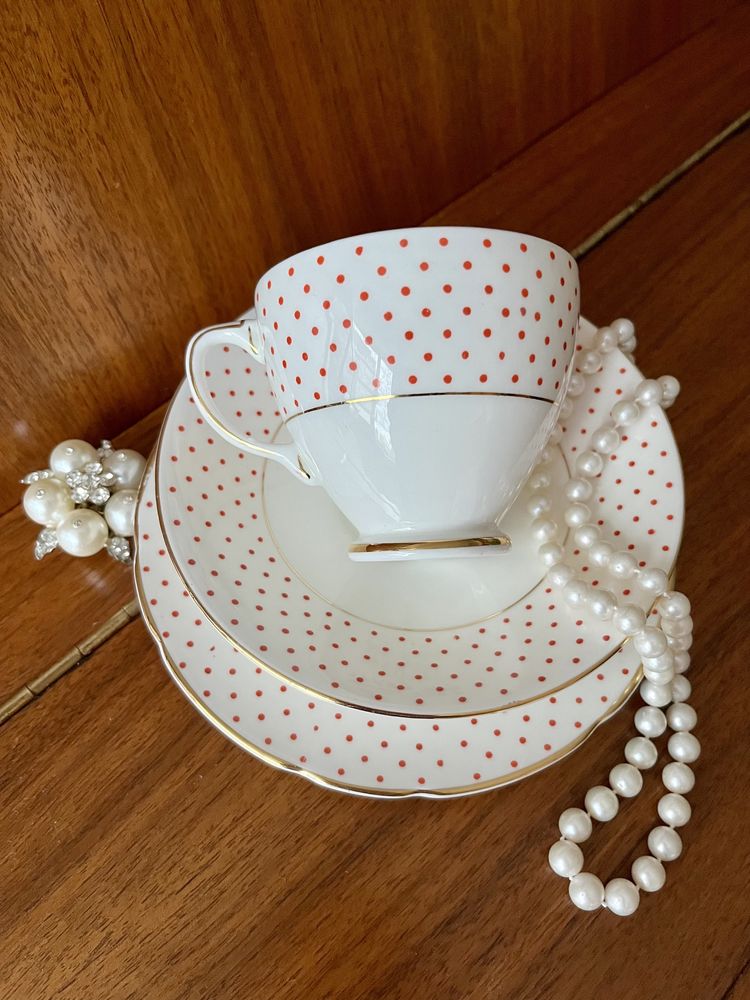 Cudna Stara Retro Polka Kropki Filiżanka Trio Porcelana Anglia Vintage