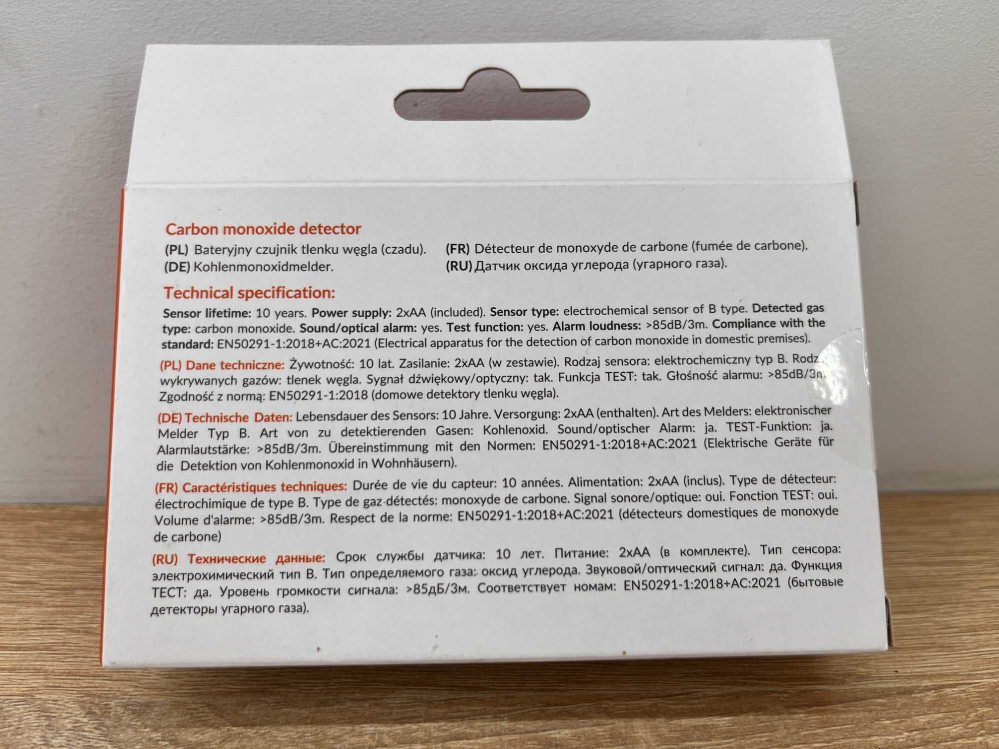 Bateryjny czujnik tlenku węgla z przyciskiem TEST