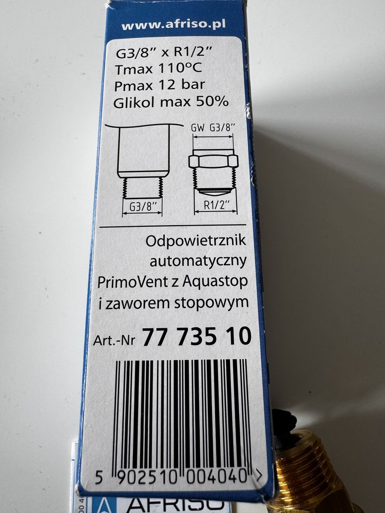 Odpowietrznik automatyczny PrimoVent z Aquastop i zaworem stopowym.