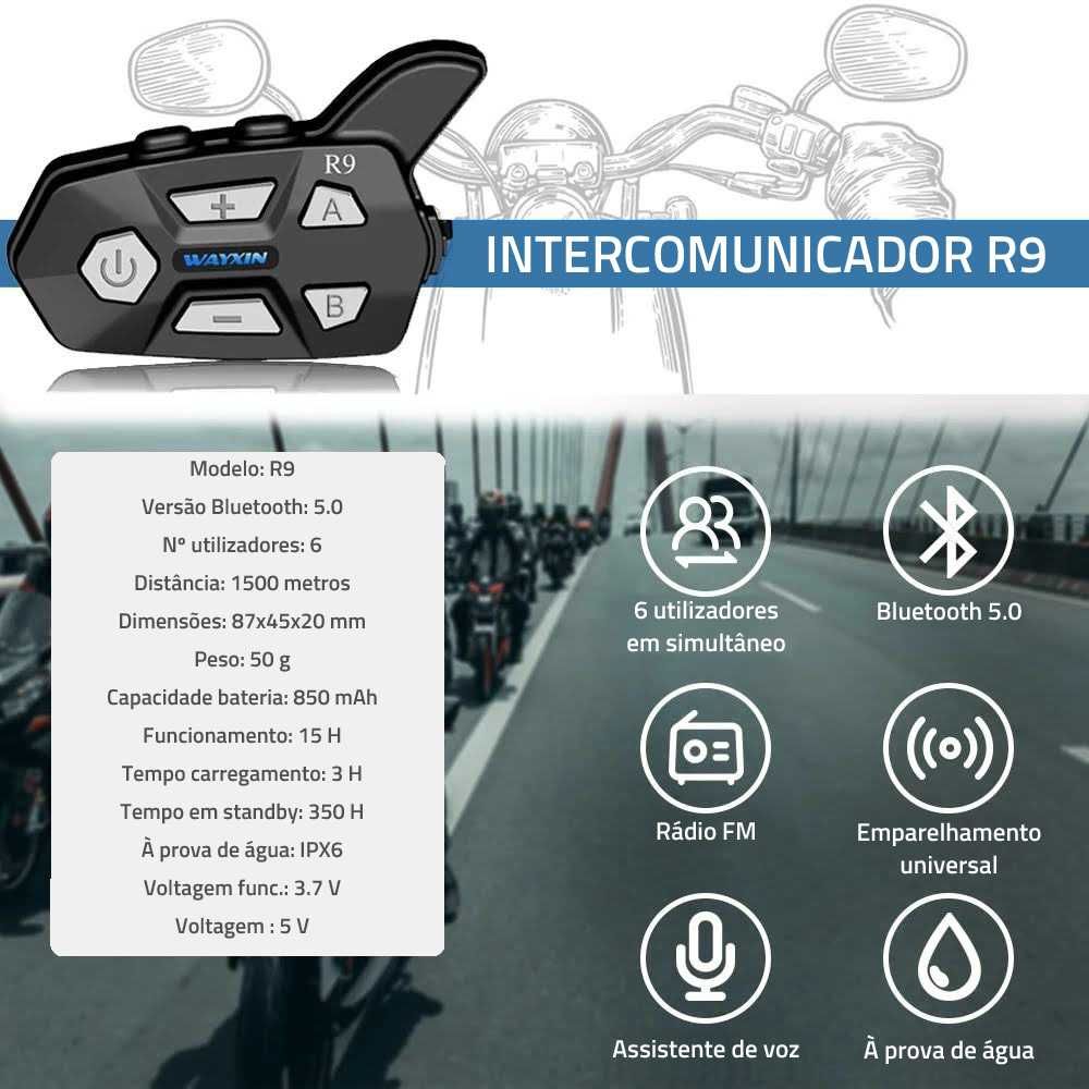 Intercomunicador R9 bluetooth moto 6 utilizadores simultâneo (1 unidade)