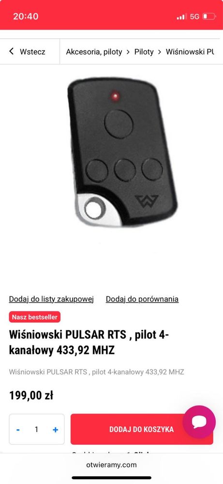 Pilot wiśniowski pulsar rts 4 kanałowy 433,92MHZ