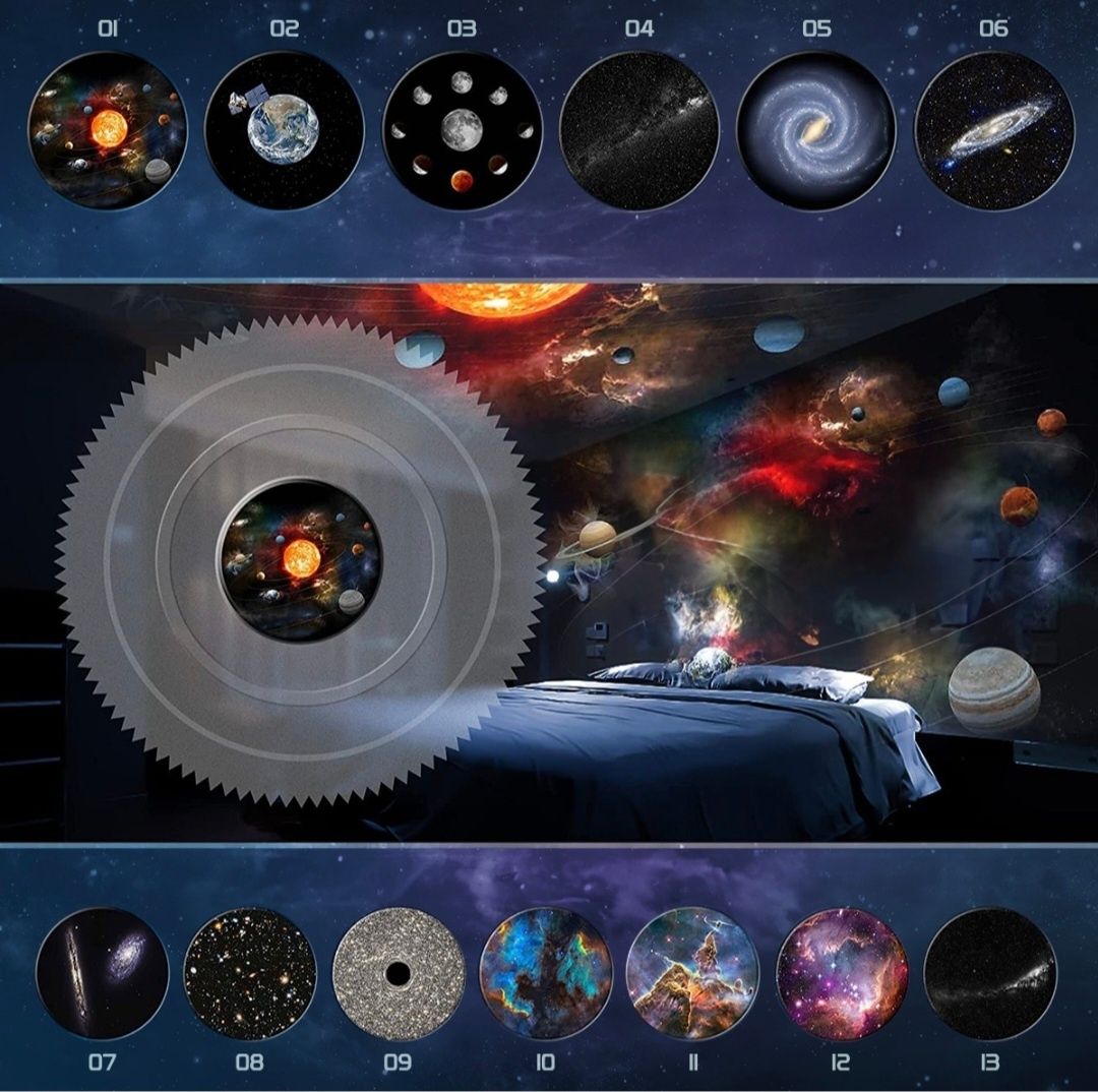 Projektor gwiazd czarny lampka 13x dysk planety USB Planetarium 360°