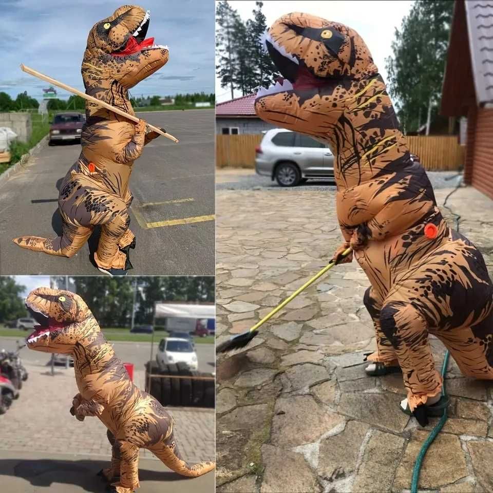 Dinozaur T-Rex. Nadmuchiwany, brązowy kostium.