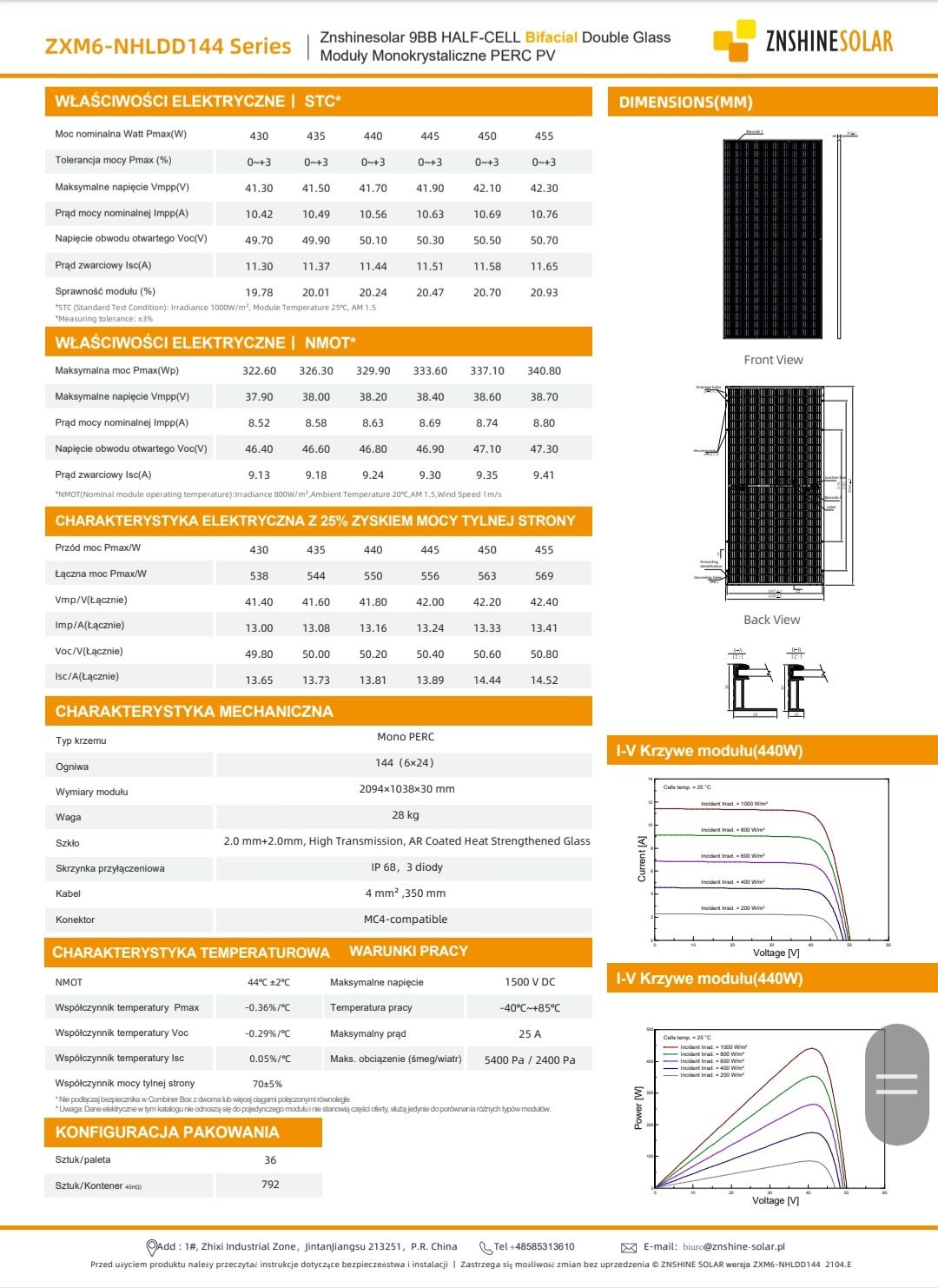 Panel Fotowoltaiczny Bifacial ZNSHINE ZXM6-NHLDD144-455