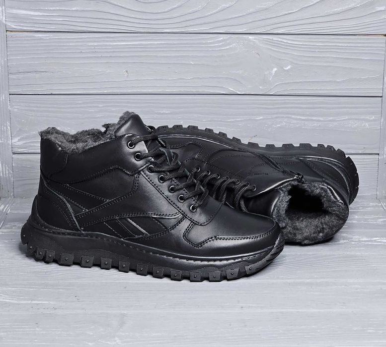 Кожаные мужские зимние широкие черные прошитые ботинки шнурок змейка