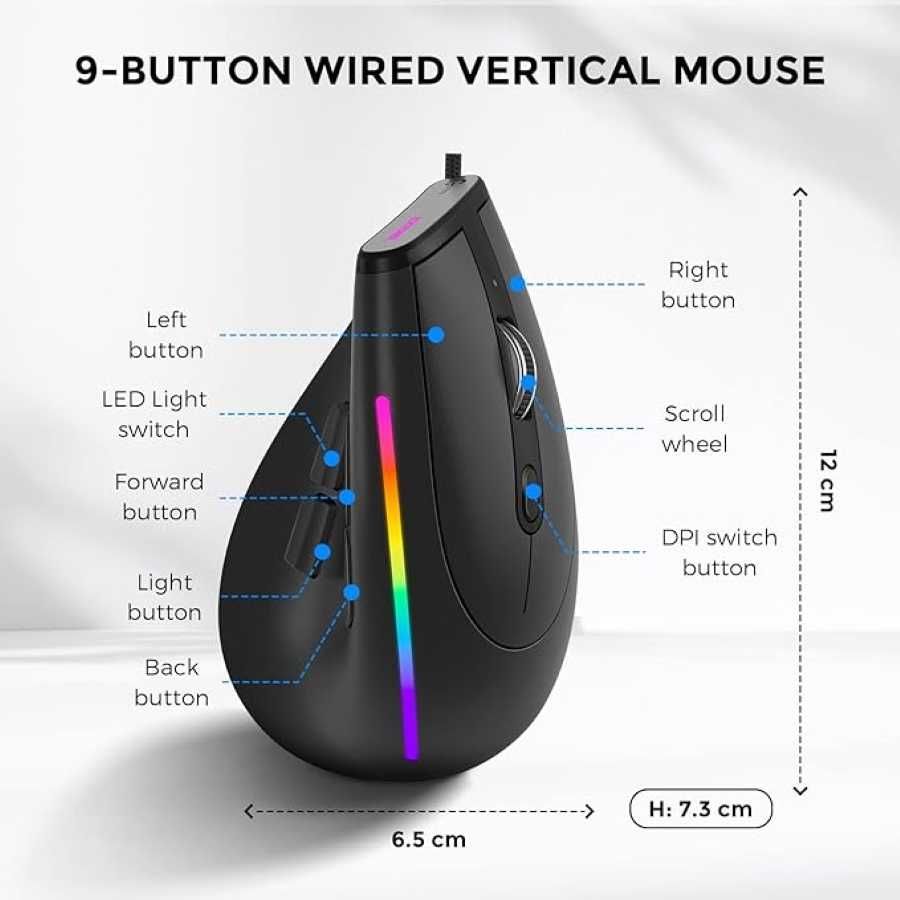 Pionowa mysz gamingowa przewodowa 1000 - 12800 DPI RGB ergonomiczna