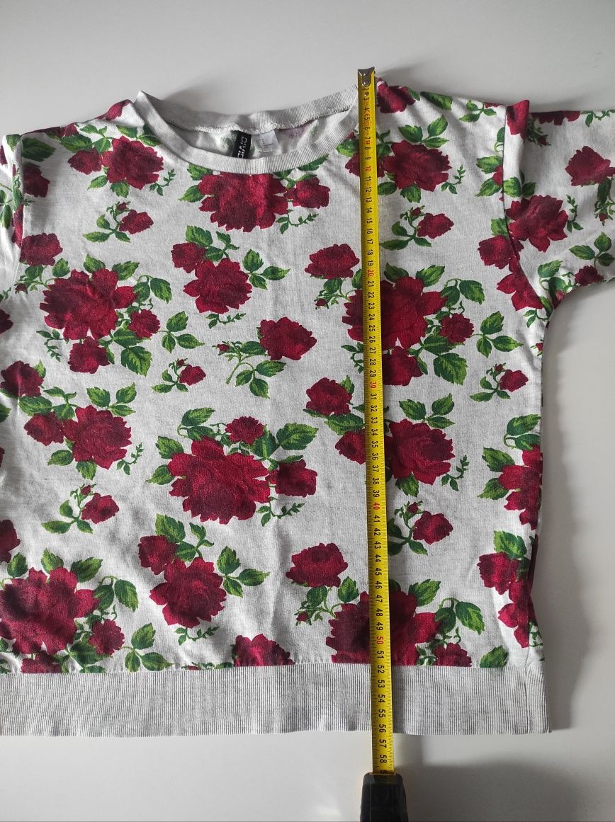 Śliczna szara bluza damska, motyw kwiatowy, róże, H&M, r S