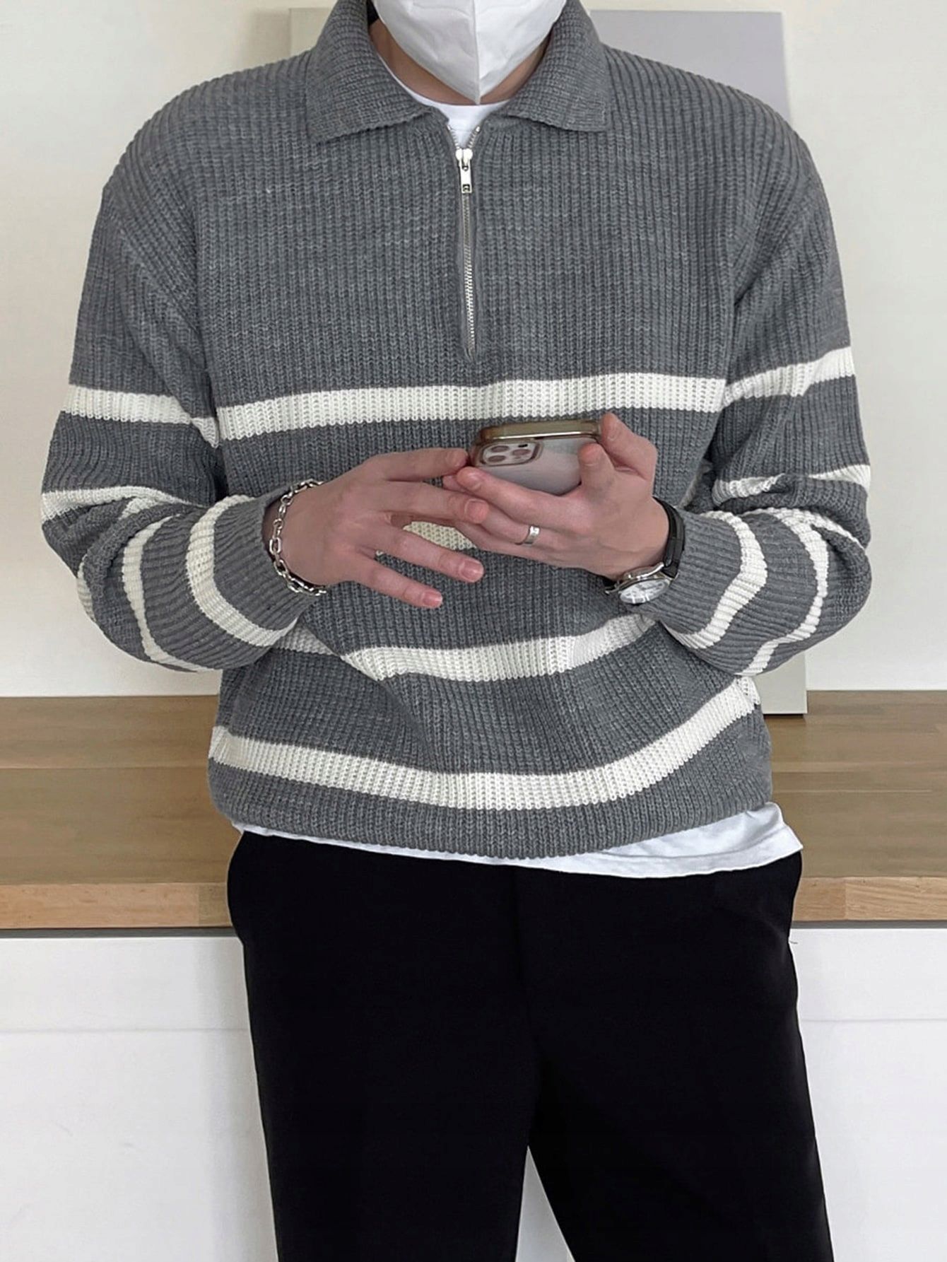 Sweter Męski W Paski Z Kołnierzykiem Szary Casual Dazy M