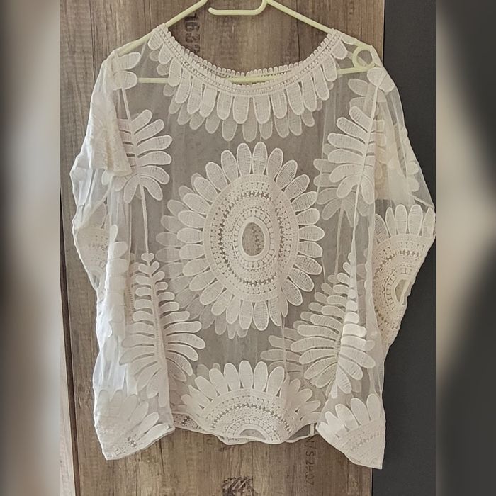 Poncho Narzutka Beżowa R. Uniwersalny Pareo Boho Retro Viral Vintage S