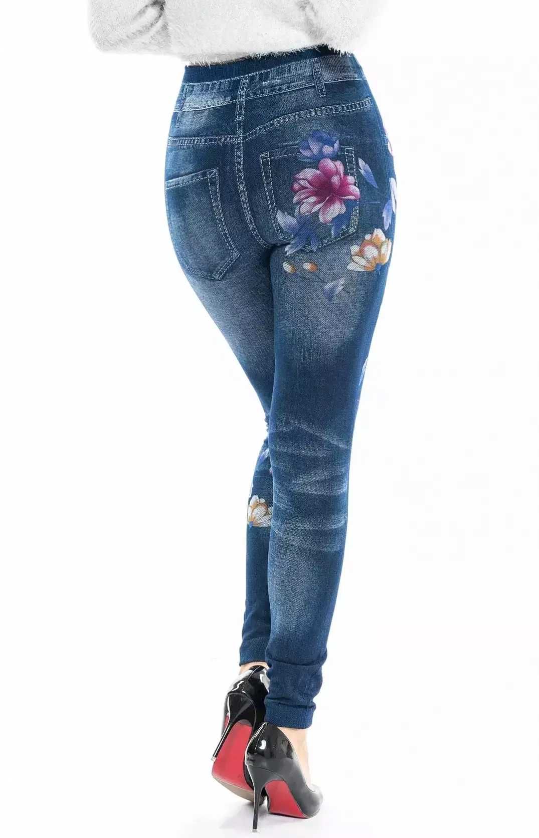 Legginsy kwiaty floral denim imitacja jeans