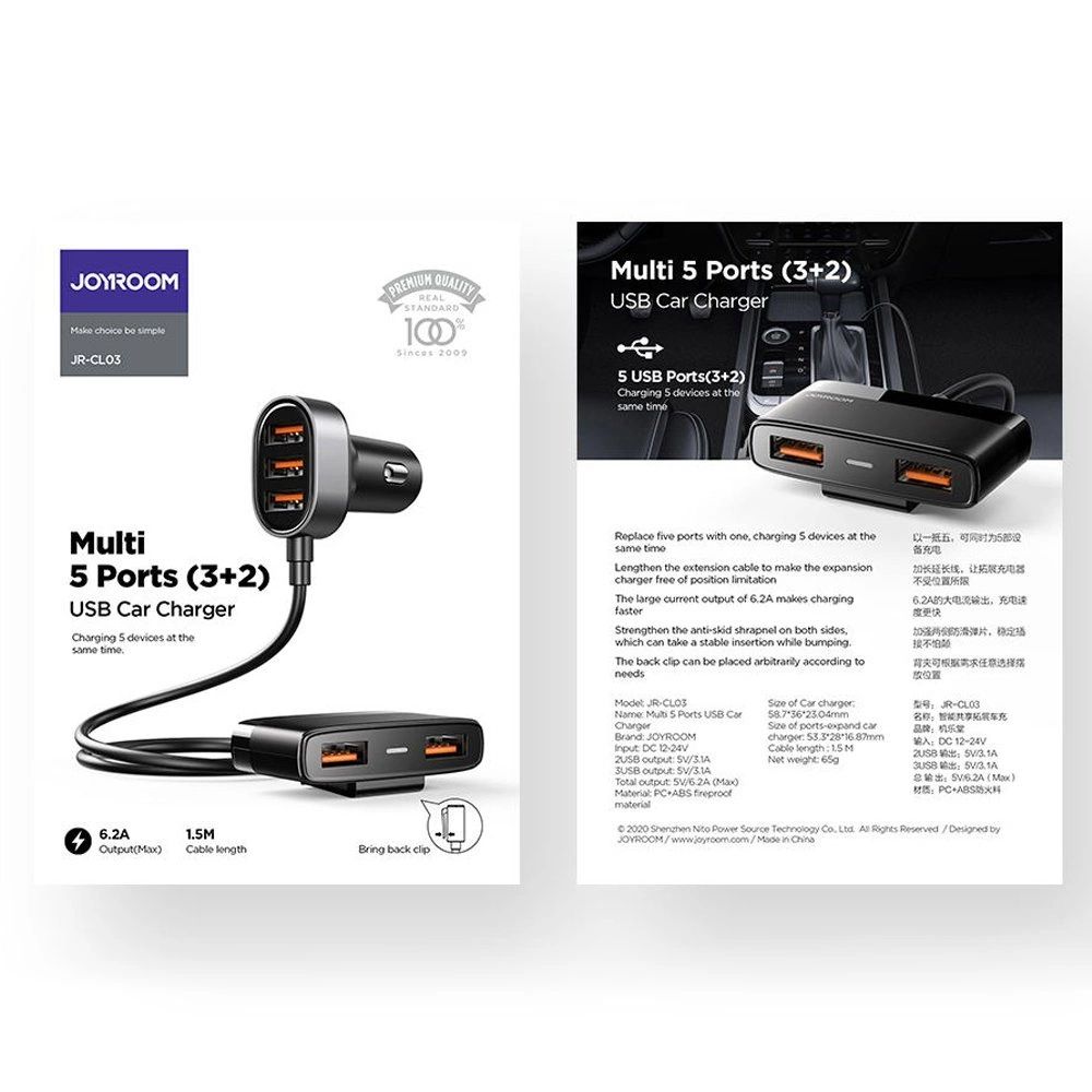Joyroom szybka ładowarka samochodowa 5x USB 6,2 A z przedłużaczem
