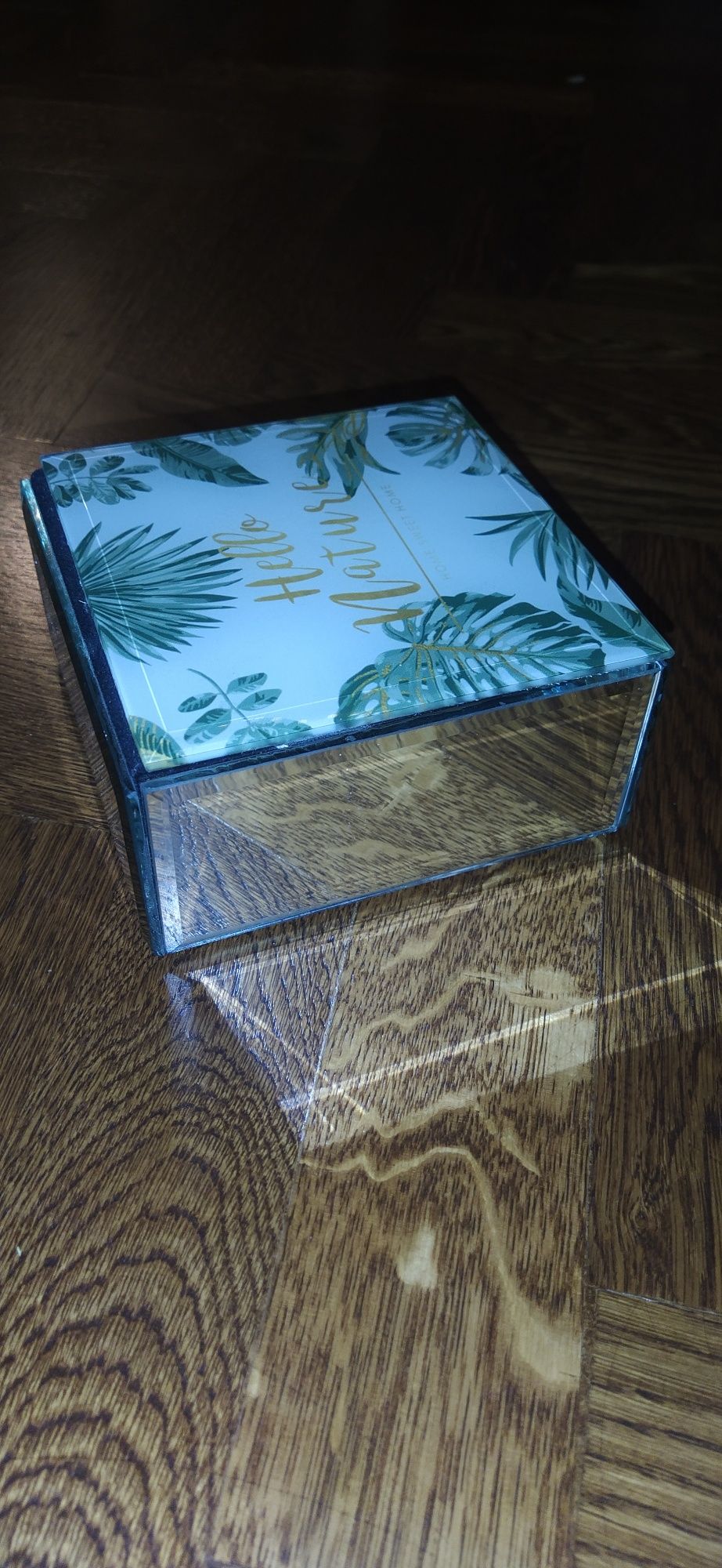 Szklane pudełeczko puzderko tropikalne liście lusterko