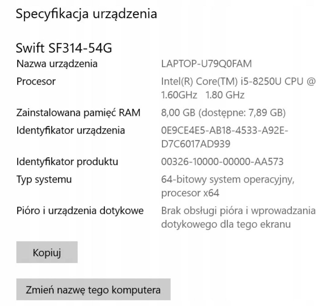 Laptop Biznesowy Acer Swift SF314 i5-8250U/8GB/128GB+1TB/Nividia MX150