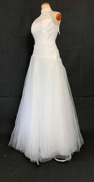 Nowa Unikatowa suknia ślubna 38 M halter brokat glamour linia A biała