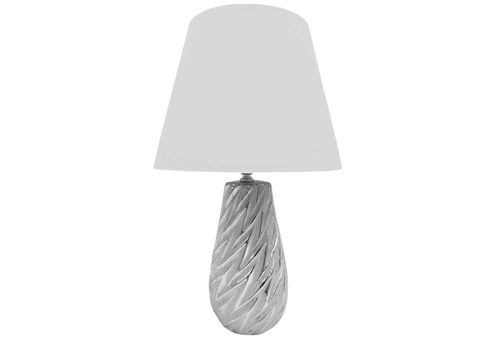 Lampka nocna srebrna z białym kloszem lampa stołowa biurkowa do salonu
