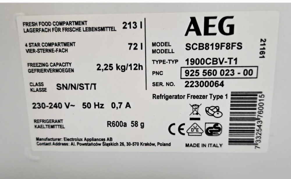 Lodówka do zabudowy AEG SCB819F8FS. Środek praktycznie nowy.