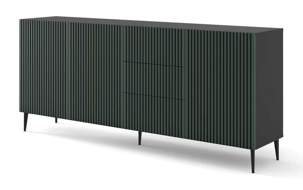 Komoda RAVENNA 200 cm 3D3S czarny mat / ciemna zieleń frezowana