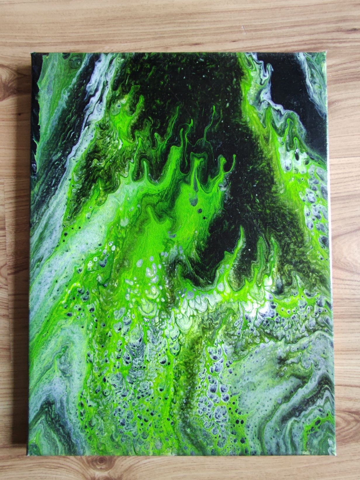 Obraz abstrakcja pouring czarny zielony 30x40cm farby akrylowe