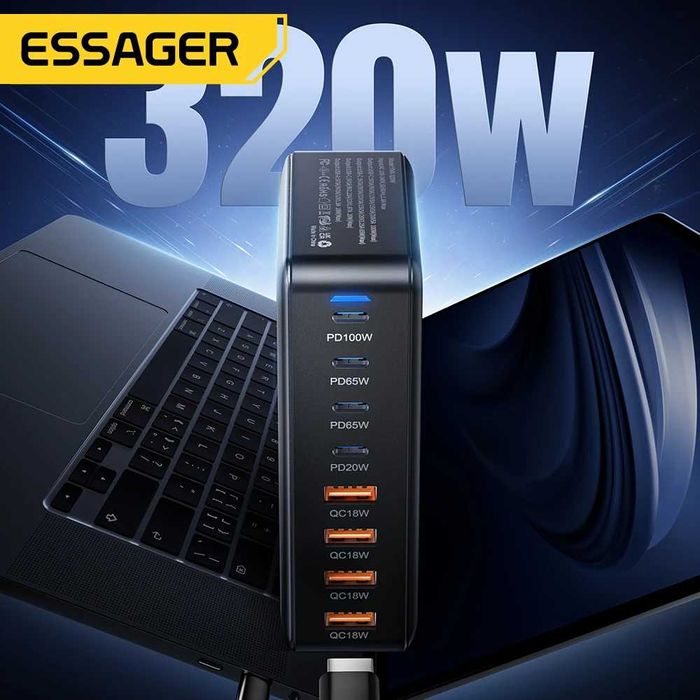 Потужний Зарядний пристрій Essager 320W GaN 4Type-C plus 4USB