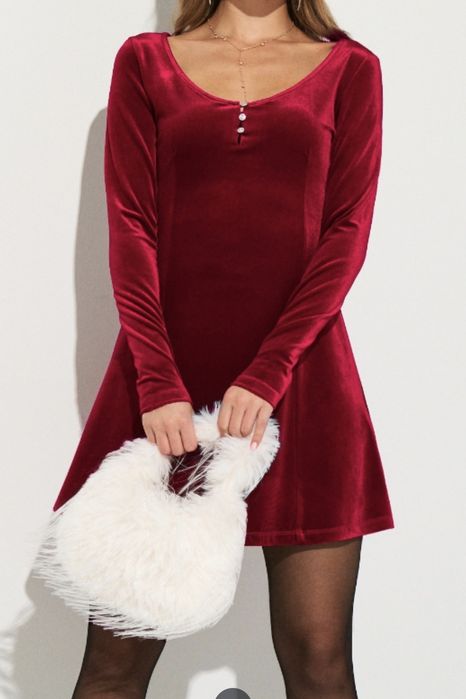 Червона велюрова міні-сукня з довгим рукавом XS