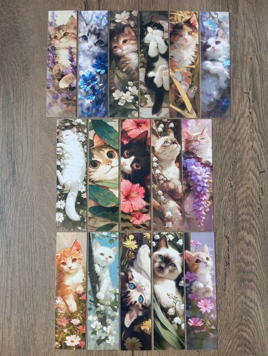 16 kartonowych zakładek do książek z kotami i kwiatami