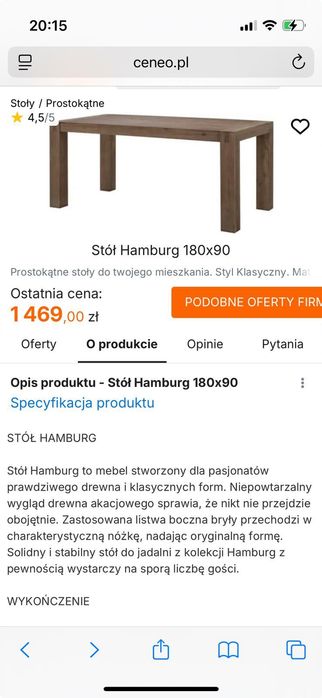 Stół Hamburg 180x90 i 6 krzeseł drzewo akacjowe plus eko skóra