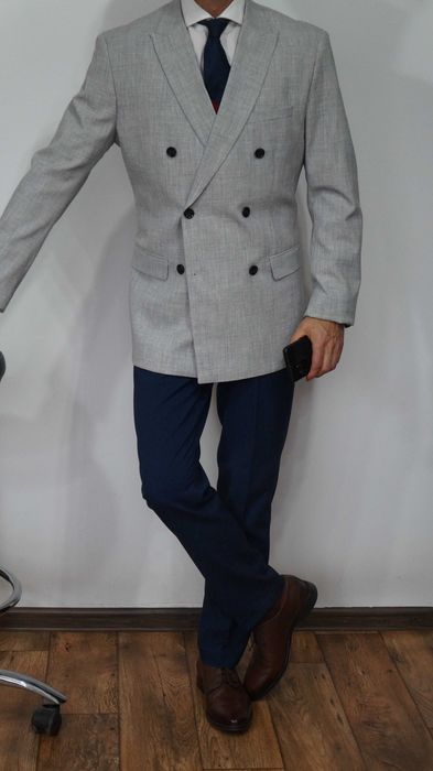 Marynarka Dwurzędowy H&M Rozmiar 52 Kolor Szary Jasny Slim Fit