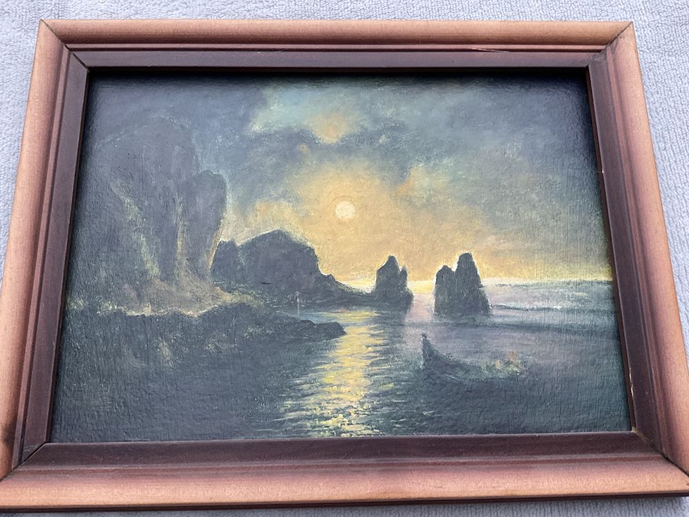 Obraz Skały Woda Łódka Zachód Słońca 20x 26