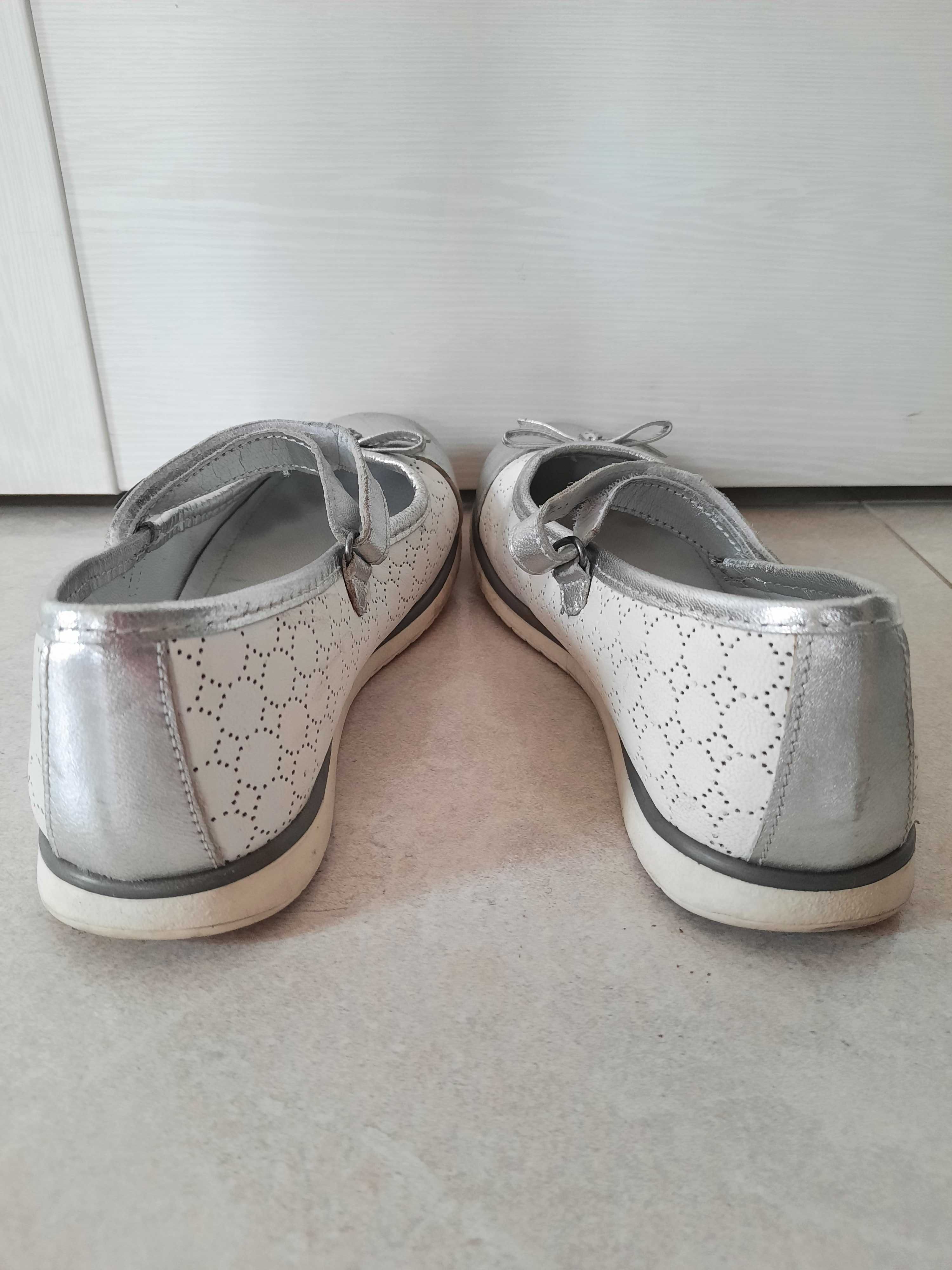 Lasocki 34 skórzane baleriny buty, białe, srebrne, skórzana wkładka