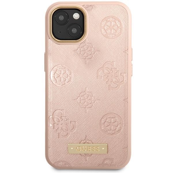 Guess Etui na iPhone 14 / 15 / 13 6.1" Różowe Peony Logo Plate Magsafe