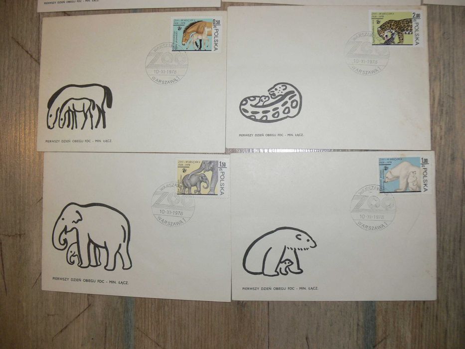 Znaczki z kopertami z pierwszego dnia obiegu Warszawskie ZOO z PRL