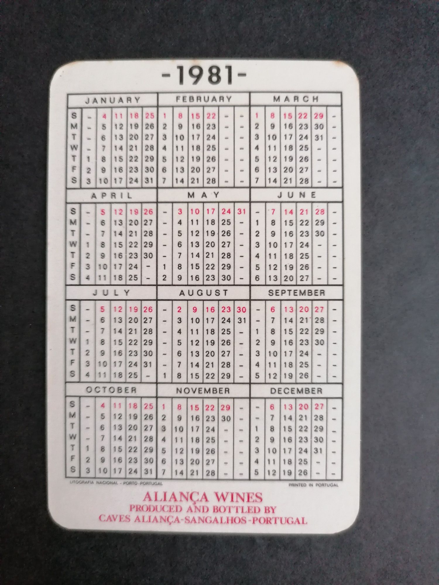 Calendário 1981 edição inglesa dos Vinhos Aliança  0,60