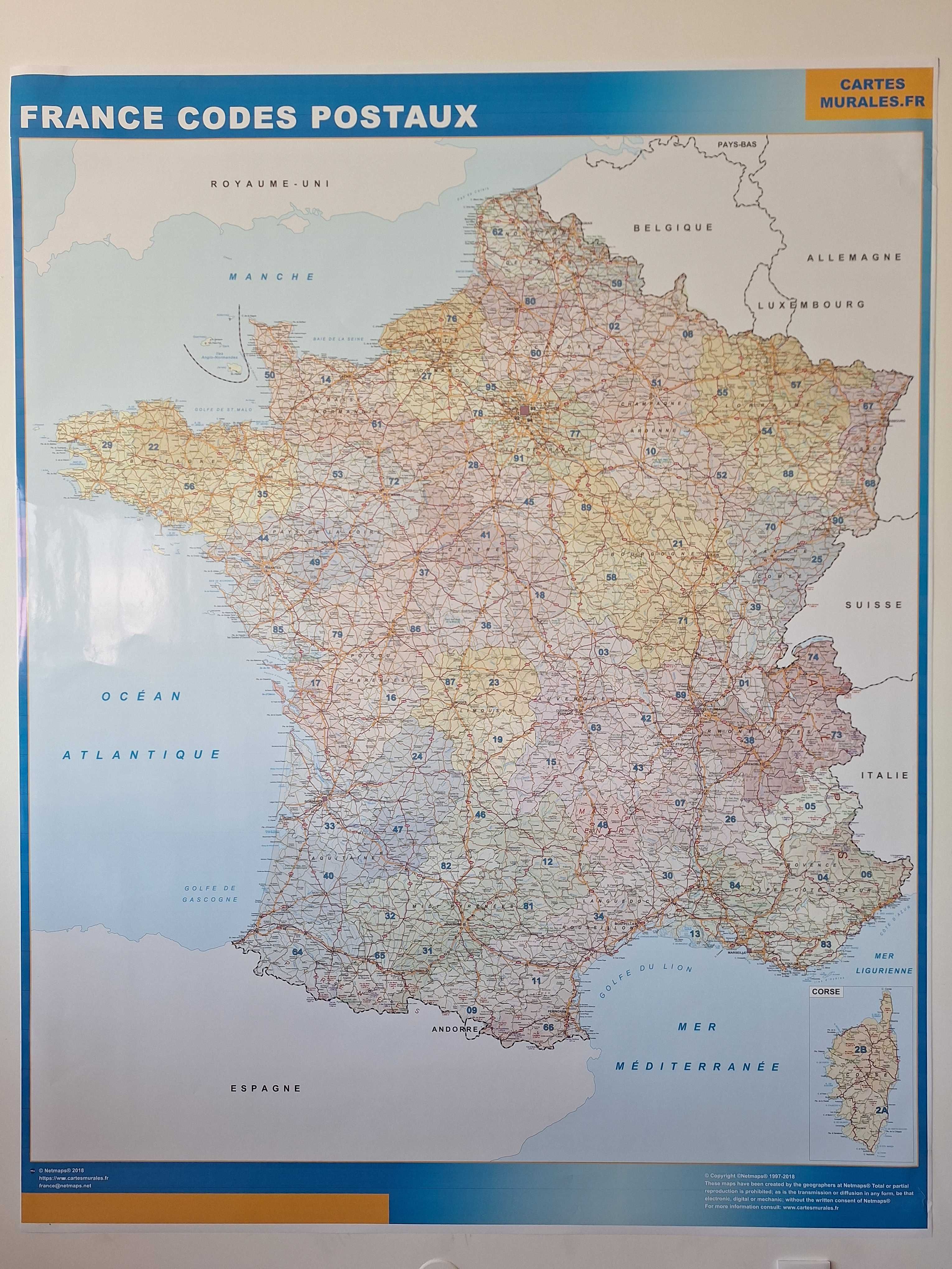 Cartazes com mapa de França + Portugal e Espanha com códigos postais