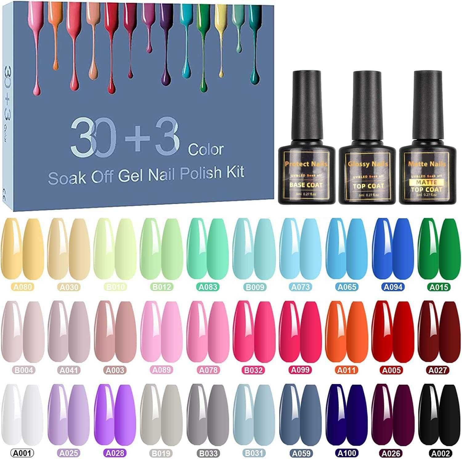 Kit Vernizes Gel com 30 Cores + Base Top Coat Brilhante e Mate