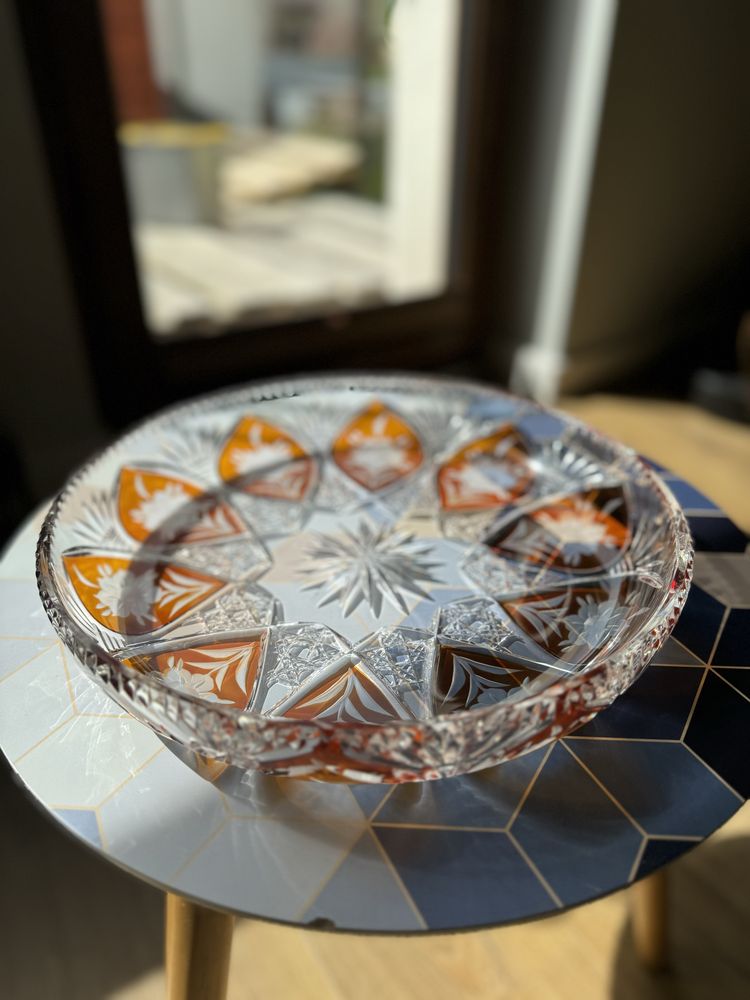 Kryształowy talerz/patera na przystawki 30cm kolor miodowy Huta Julia