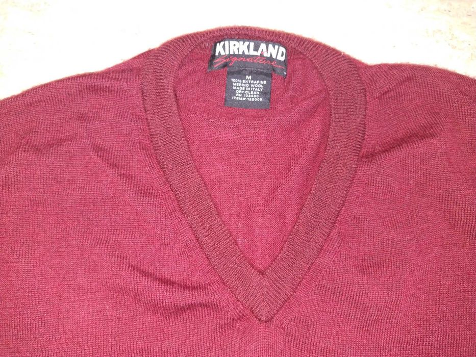 Bordowy, męski sweter w serek 100% merino, r. M