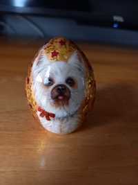 Jajo drewniane, portret psa, recznie malowane.