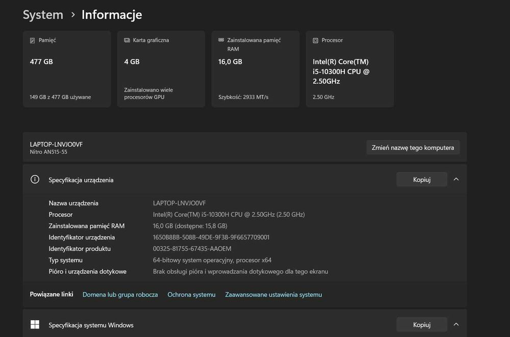 Laptop Acer Nitro 5 i5-10300H/GTX 1650Ti/16GB/SSD  144Hz