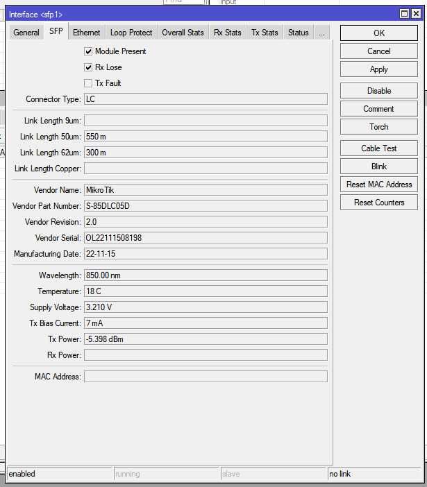 Wkładka SFP Mikrotik S-85DLC05D 1.25G Dual LC UPC MM 550m + kabel 1m