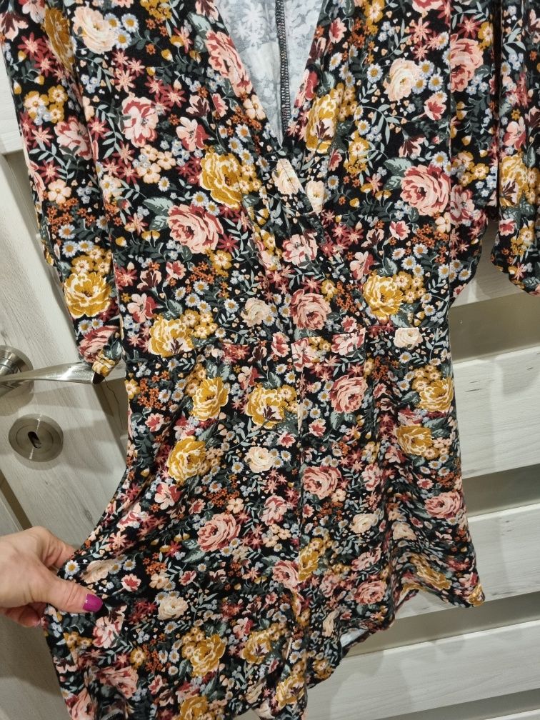 Kombinezon sukienka mini oversize kwiaty print vintage retro dekolt V