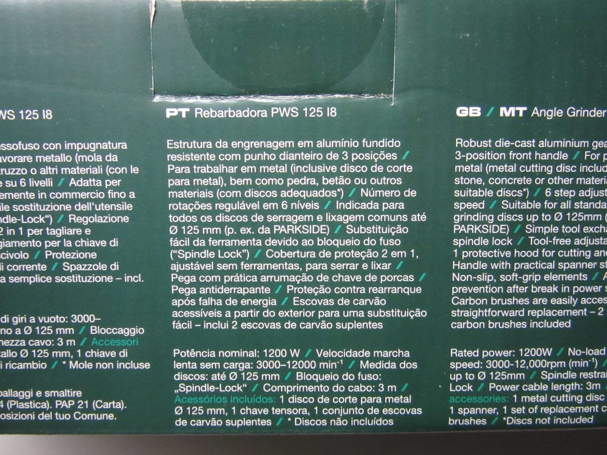 Rebarbadora PARKSIDE PWS 125 I8  *** NOVA ***