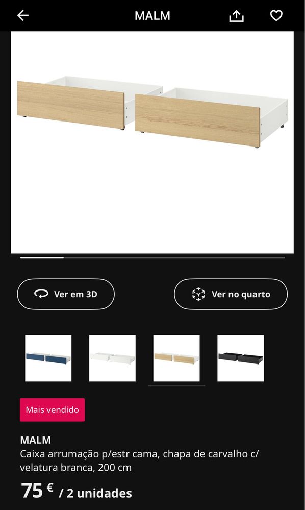 Cama ikea Malm 180x200 com gavetas.
