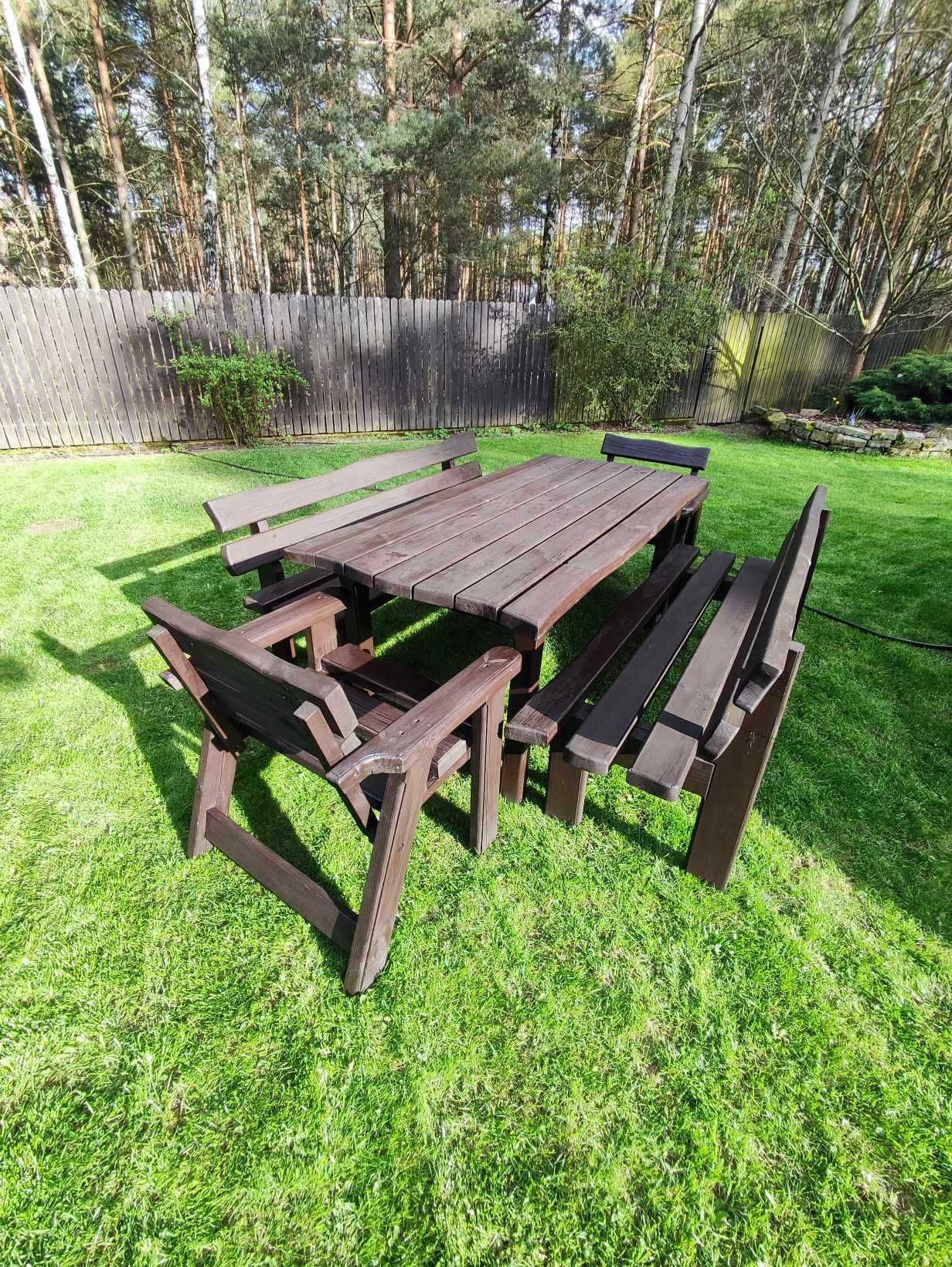 Zestaw mebli ogrodowych - drewniane - stół ławy fotele